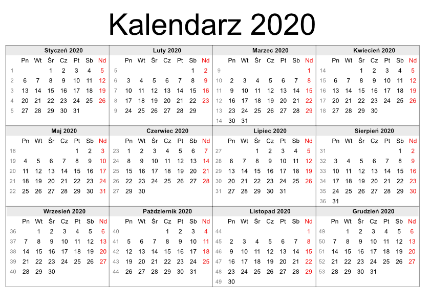 Kartki Kalendarza Do Druku 2020