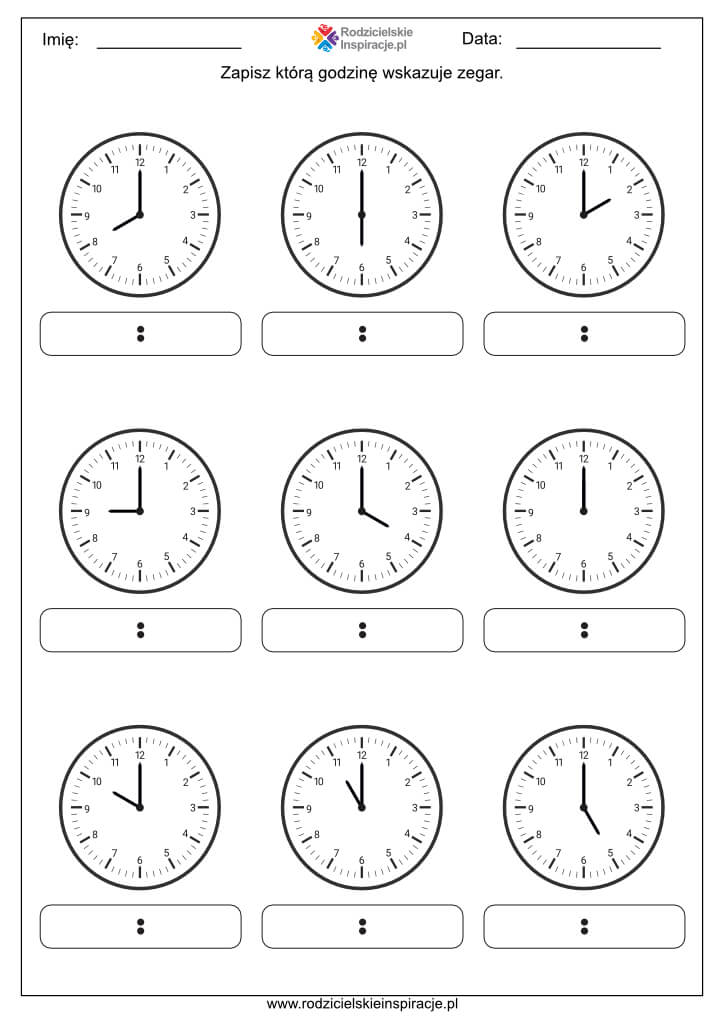 Zegar karty pracy do druku. Nauka zegara dla dzieci w PDF