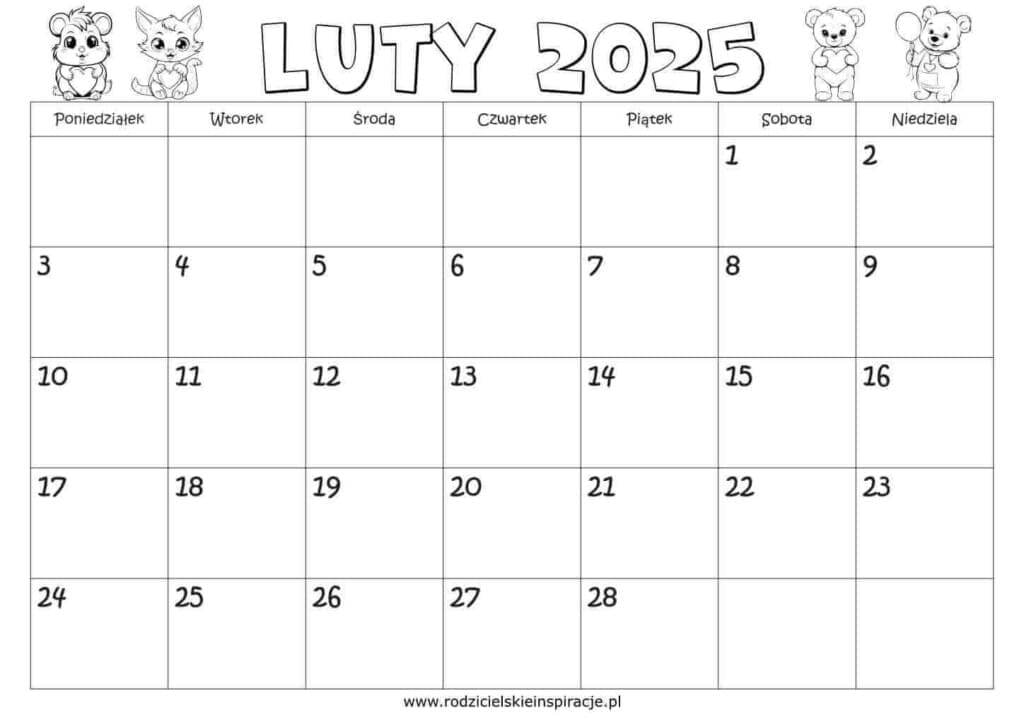 Luty 2025 kalendarz do druku
