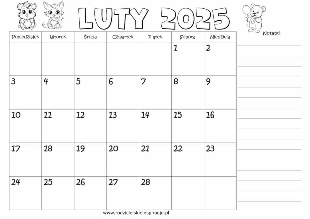 Luty 2025 kalendarz do wydruku