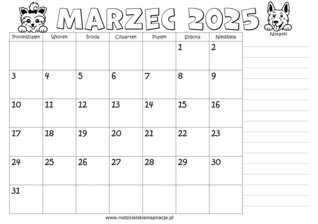 Marzec 2025 kalendarz do wydruku