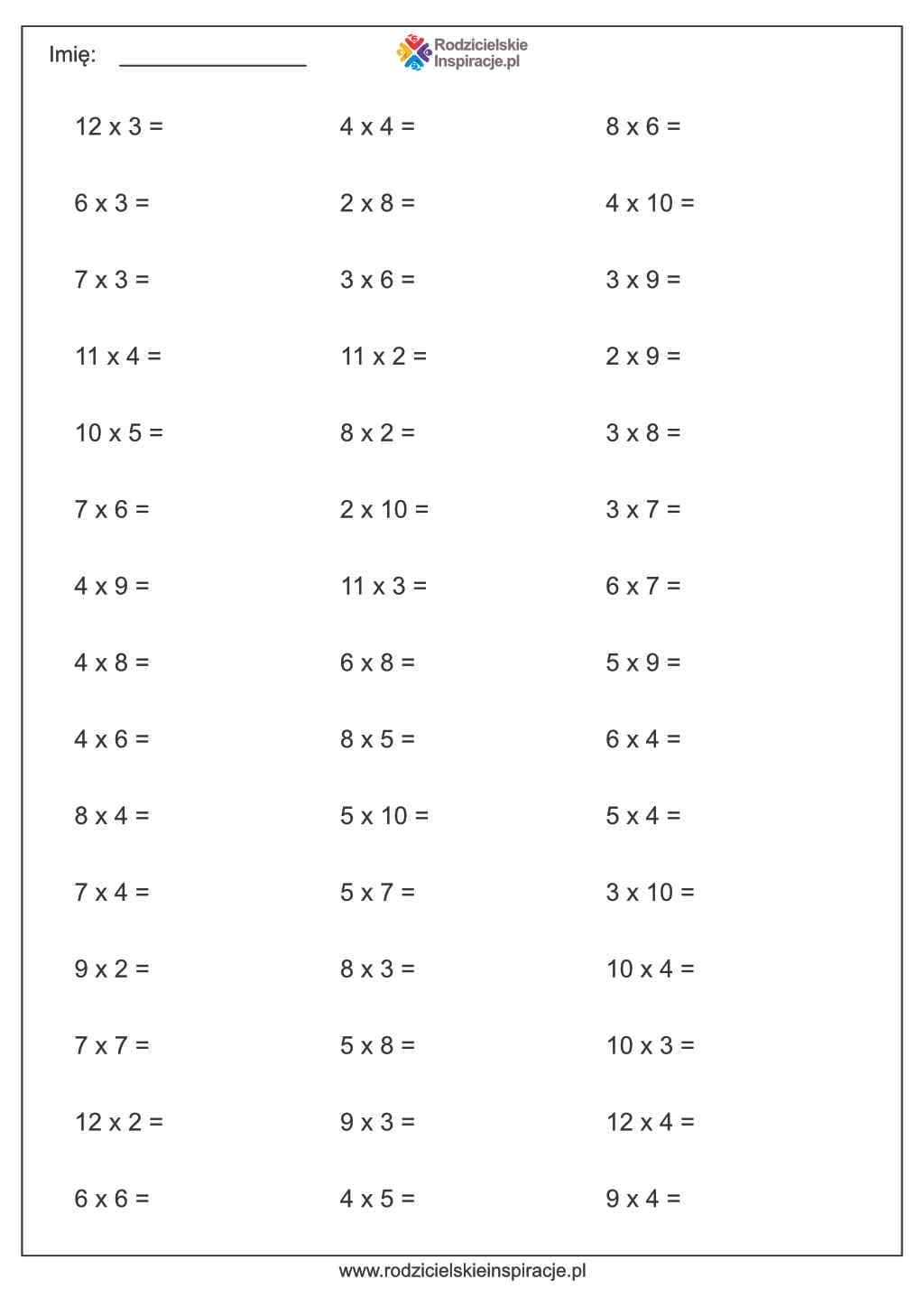Sprawdzian Z Tabliczki Mnozenia Kl 2 I 3 rodzicielskieinspiracje.pl