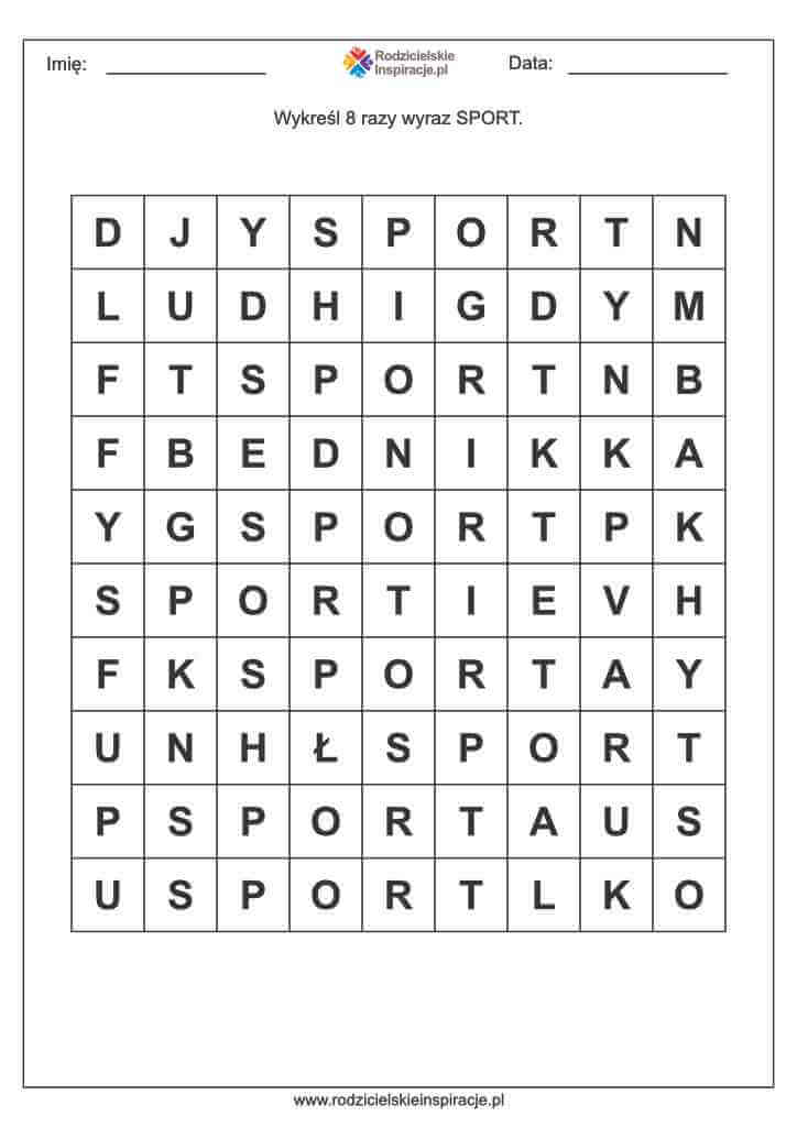 Sport karty pracy wykreslanka