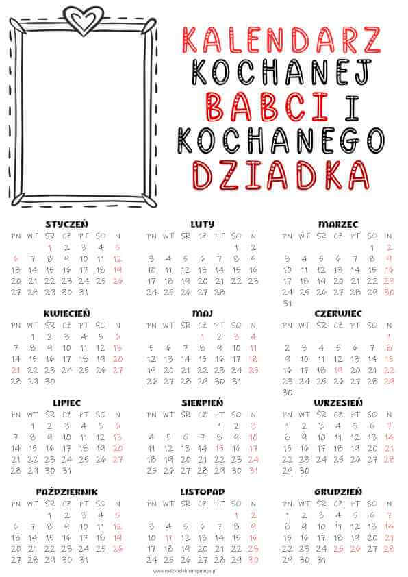 kalendarz dzien babci i dziadka do druku